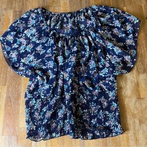 Navy Floral Sheer Short-Sleeve Smocked-Waist Women's Blouse